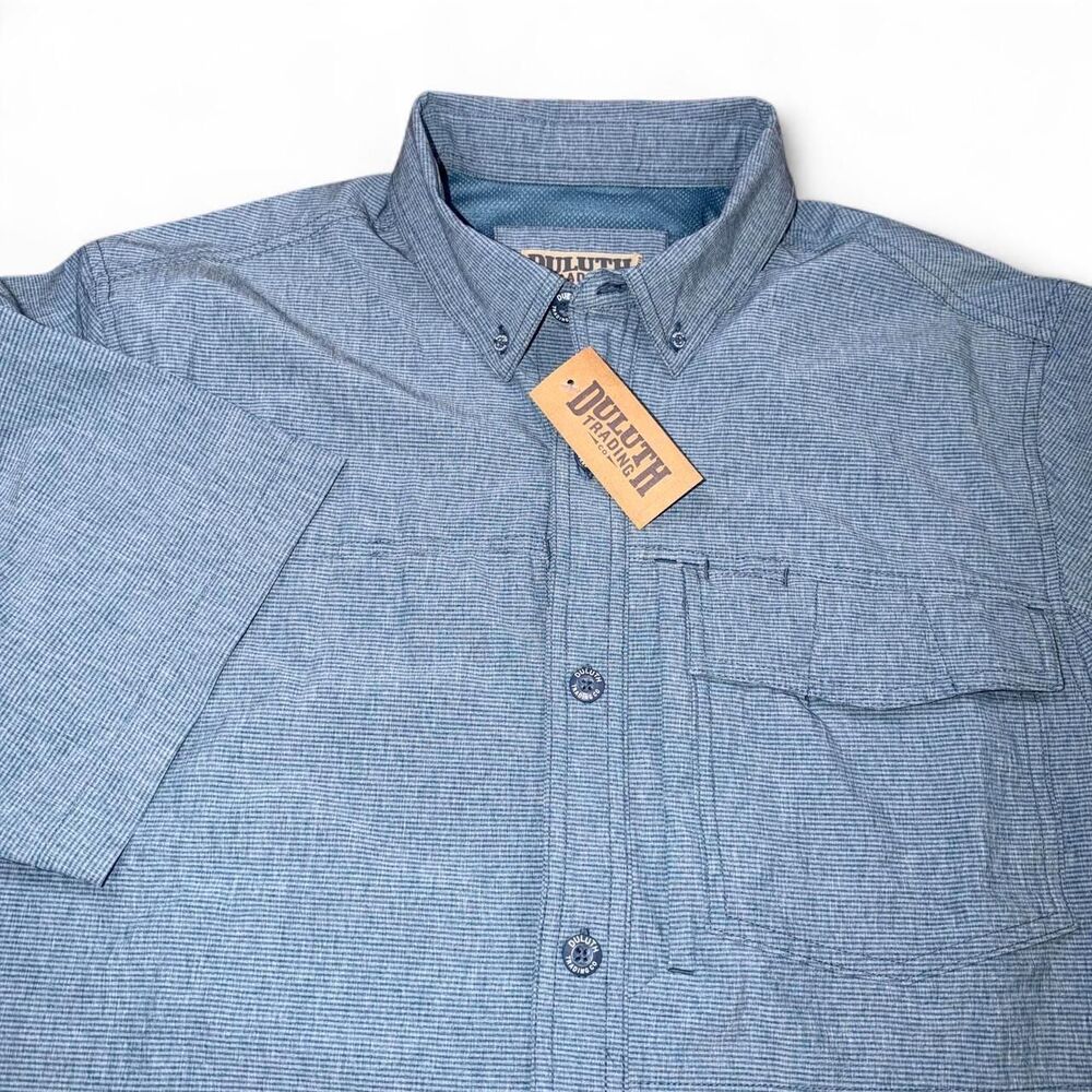 Duluth Trading Co. Sol Survivor Short Sleeve Blue Button-Up Shirt Men's L NWT!